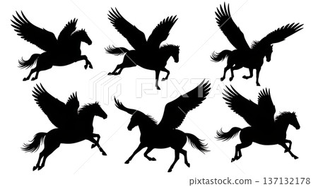 Black Solid Alpine Flight Pegasus Silhouettes Set of Six on White Background Black Solid Alpine Flight Pegasus Silhouettes Set of Six on White Background 137132178