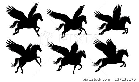 Black Solid Alpine Flight Pegasus Silhouettes Set of Six on White Background 137132179