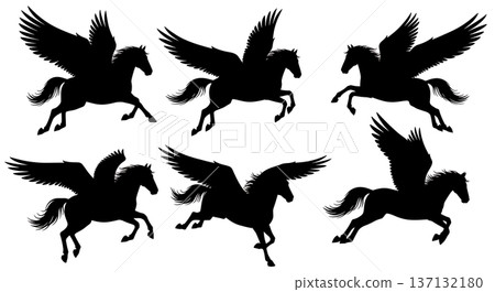 Black Solid Alpine Flight Pegasus Silhouettes Set of Six on White Background Black Solid Alpine Flight Pegasus Silhouettes Set of Six on White Background 137132180