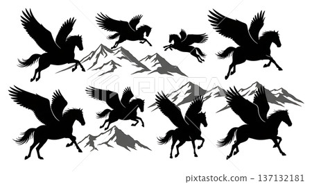 Black Solid Alpine Flight Pegasus Silhouettes Set of Six on White Background Black Solid Alpine Flight Pegasus Silhouettes Set of Six on White Background 137132181