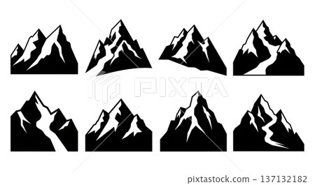 Black Solid Alpine Glacier Mountain Silhouettes Set of Six on White Background 137132182