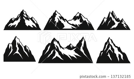 Black Solid Alpine Glacier Mountain Silhouettes Set of Six on White Background Black Solid Alpine Glacier Mountain Silhouettes Set of Six on White Background 137132185