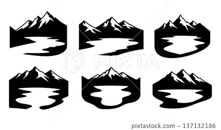 Black Solid Alpine Lake Peak Silhouettes Set of Six on White Background Black Solid Alpine Lake Peak Silhouettes Set of Six on White Background 137132186