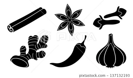 Black Solid Herbs and Spices Silhouettes Set of Six on White Background Black Solid Herbs and Spices Silhouettes Set of Six on White Background 137132193