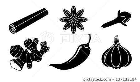 Black Solid Herbs and Spices Silhouettes Set of Six on White Background Black Solid Herbs and Spices Silhouettes Set of Six on White Background 137132194