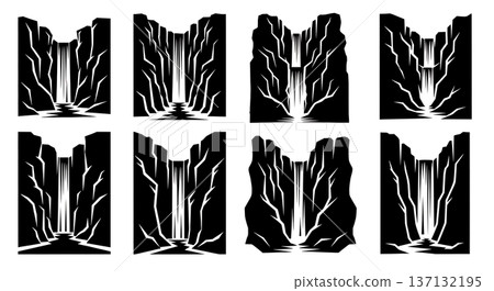 Black Solid Hidden Canyon Waterfall Silhouettes Set of Six on White Background Black Solid Hidden Canyon Waterfall Silhouettes Set of Six on White Background 137132195