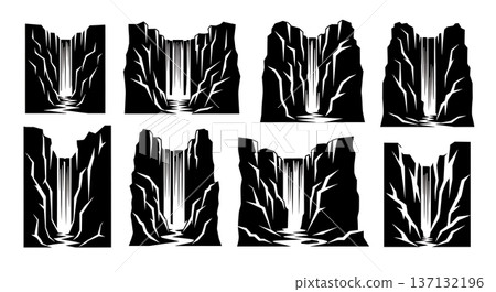 Black Solid Hidden Canyon Waterfall Silhouettes Set of Six on White Background 137132196