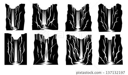 Black Solid Hidden Canyon Waterfall Silhouettes Set of Six on White Background Black Solid Hidden Canyon Waterfall Silhouettes Set of Six on White Background 137132197