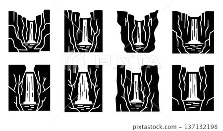 Black Solid Hidden Canyon Waterfall Silhouettes Set of Six on White Background Black Solid Hidden Canyon Waterfall Silhouettes Set of Six on White Background 137132198