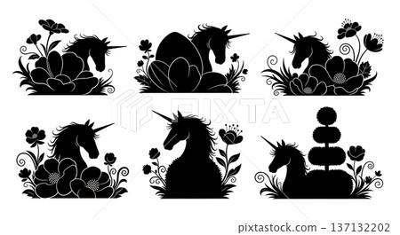 Black Solid Hidden Garden Unicorn Silhouettes Set of Six on White Background 137132202