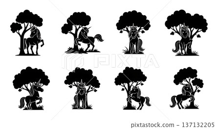 Black Solid Hiding Forest Unicorn Silhouettes Set of Six on White Background 137132205