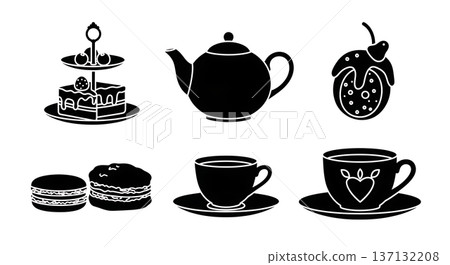Black Solid High Tea Silhouettes Set of Six on White Background 137132208
