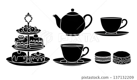 Black Solid High Tea Silhouettes Set of Six on White Background Black Solid High Tea Silhouettes Set of Six on White Background 137132209