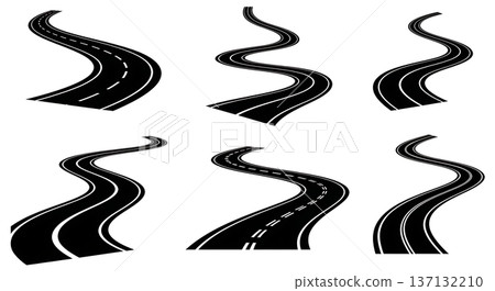 Black Solid Winding Road Silhouettes Set of Six on White Background Black Solid Winding Road Silhouettes Set of Six on White Background 137132210