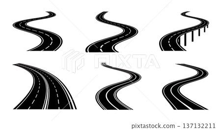 Black Solid Winding Road Silhouettes Set of Six on White Background Black Solid Winding Road Silhouettes Set of Six on White Background 137132211