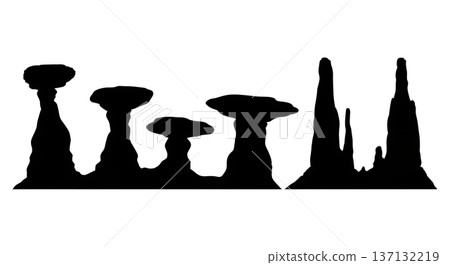 Black Solid Hoodoo Rock Formation Silhouettes Set of Six on White Background 137132219