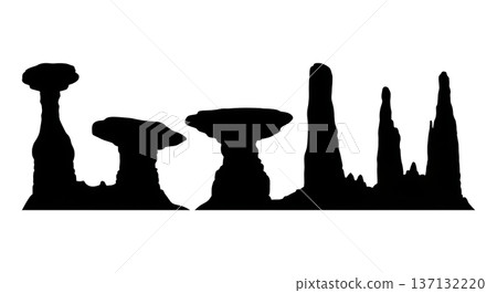 Black Solid Hoodoo Rock Formation Silhouettes Set of Six on White Background Black Solid Hoodoo Rock Formation Silhouettes Set of Six on White Background 137132220
