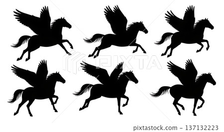 Black Solid Horizon Glide Pegasus Silhouettes Set of Six on White Background Black Solid Horizon Glide Pegasus Silhouettes Set of Six on White Background 137132223