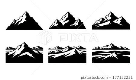 Black Solid Ice Covered Arctic Mountain Silhouettes Set of Six on White Background Black Solid Ice Covered Arctic Mountain Silhouettes Set of Six on White Background 137132231
