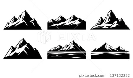 Black Solid Ice Covered Arctic Mountain Silhouettes Set of Six on White Background Black Solid Ice Covered Arctic Mountain Silhouettes Set of Six on White Background 137132232