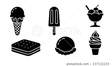 Black Solid Ice Cream Silhouettes Set of Six on White Background Black Solid Ice Cream Silhouettes Set of Six on White Background 137132233