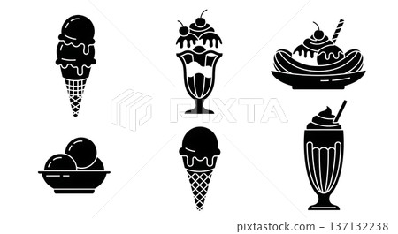Black Solid Ice Cream Scoop Silhouettes Set of Six on White Background 137132238