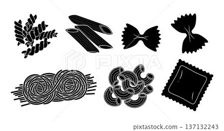 Black Solid Italian Pasta Silhouettes Set of Six on White Background 137132243