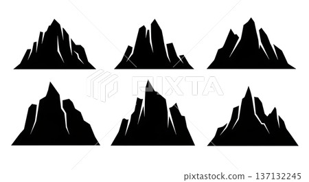 Black Solid Jagged Arctic Ice Ridge Silhouettes Set of Six on White Background Black Solid Jagged Arctic Ice Ridge Silhouettes Set of Six on White Background 137132245