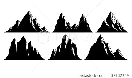 Black Solid Jagged Arctic Ice Ridge Silhouettes Set of Six on White Background Black Solid Jagged Arctic Ice Ridge Silhouettes Set of Six on White Background 137132249