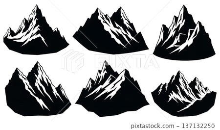 Black Solid Jagged Himalayan Mountain Peaks Set of Six on White Background Black Solid Jagged Himalayan Mountain Peaks Set of Six on White Background 137132250
