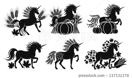 Black Solid Autumn Harvest Unicorn Silhouettes Set of Six on White Background Black Solid Autumn Harvest Unicorn Silhouettes Set of Six on White Background 137132278