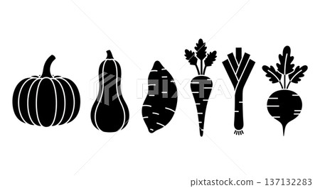 Black Solid Autumn Vegetable Silhouettes Set of Six on White Background 137132283