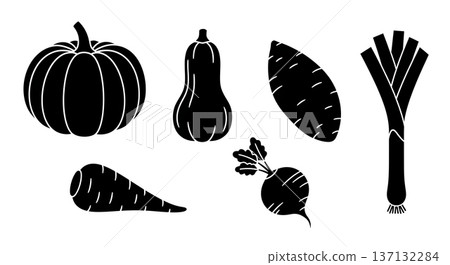 Black Solid Autumn Vegetable Silhouettes Set of Six on White Background 137132284