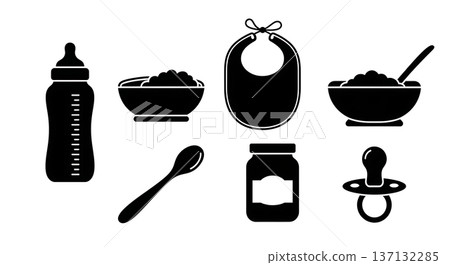 Black Solid Baby Food Silhouettes Set of Six on White Background Black Solid Baby Food Silhouettes Set of Six on White Background 137132285