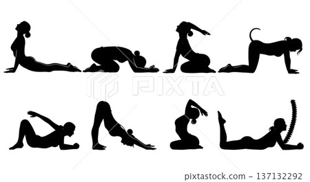 Black Solid Back Health Childs Pose Silhouettes Set of Six on White Background 137132292