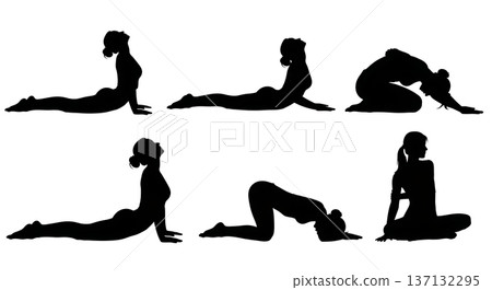 Black Solid Back Health Cobra Yoga Silhouettes Set of Six on White Background 137132295