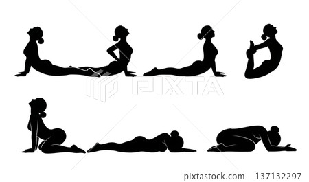 Black Solid Back Health Relief Yoga Silhouettes Set of Six on White Background 137132297
