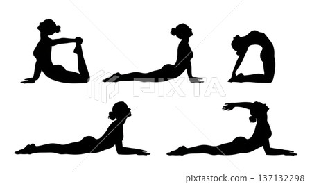 Black Solid Back Health Relief Yoga Silhouettes Set of Six on White Background 137132298