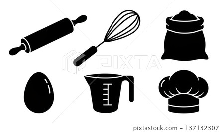 Black Solid Baking Essentials Silhouettes Set of Six on White Background Black Solid Baking Essentials Silhouettes Set of Six on White Background 137132307