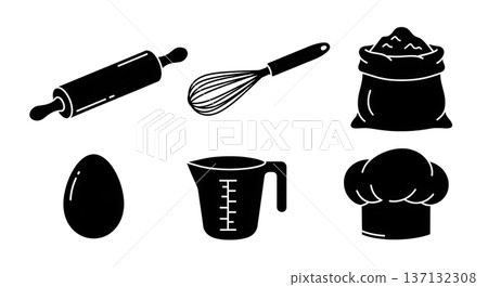Black Solid Baking Essentials Silhouettes Set of Six on White Background Black Solid Baking Essentials Silhouettes Set of Six on White Background 137132308