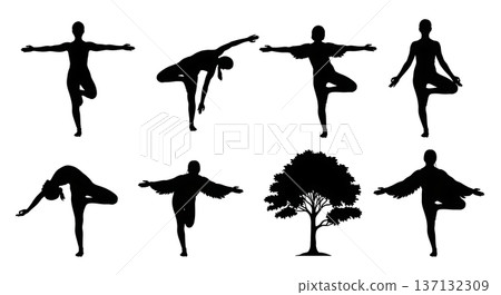 Black Solid Balance Focus Eagle Tree Silhouettes Set of Six on White Background 137132309