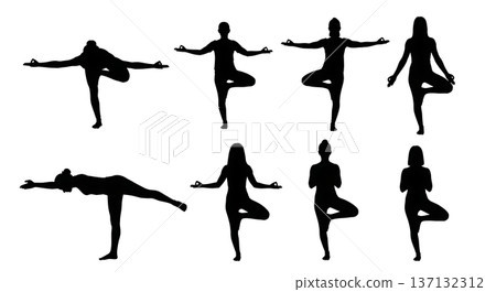 Black Solid Balance Focus Eagle Tree Silhouettes Set of Six on White Background 137132312