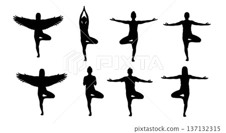 Black Solid Balance Focus Tree Yoga Silhouettes Set of Six on White Background 137132315