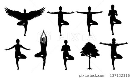 Black Solid Balance Focus Tree Yoga Silhouettes Set of Six on White Background 137132316