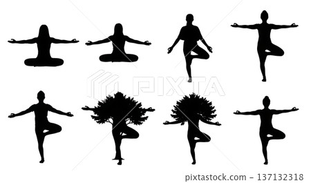 Black Solid Balance Focus Yoga Poses Silhouettes Set of Six on White Background 137132318