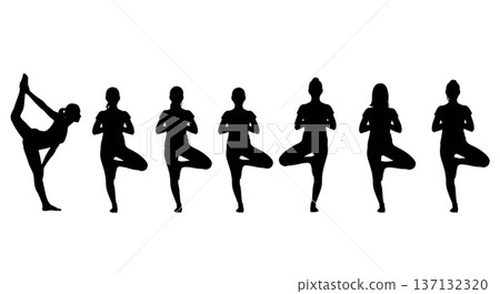 Black Solid Balance Focus Yoga Poses Silhouettes Set of Six on White Background 137132320