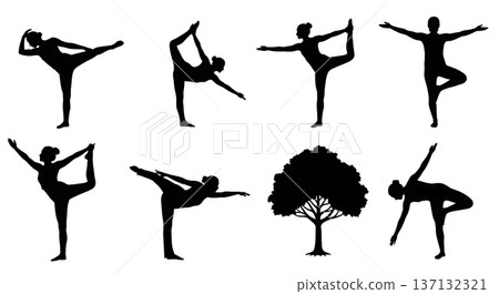 Black Solid Balance Grace Dancer Tree Silhouettes Set of Six on White Background 137132321