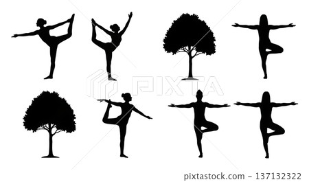 Black Solid Balance Grace Dancer Tree Silhouettes Set of Six on White Background 137132322