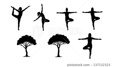Black Solid Balance Grace Dancer Tree Silhouettes Set of Six on White Background 137132323