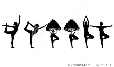 Black Solid Balance Grace Dancer Tree Silhouettes Set of Six on White Background 137132324